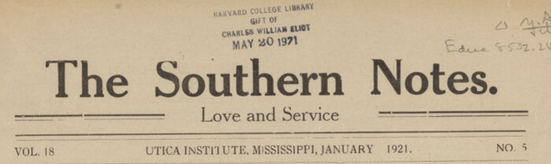 Southern Notes masthead with gift stamp from Charles William Eliot, vol. 18, no. 5, January 1921